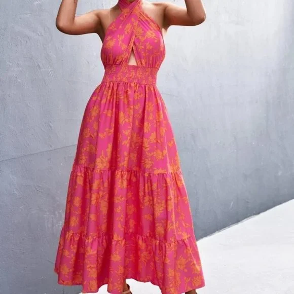 Boho Floral Shirred Waist Ruffle Hem Maxi Dress - Picture 3 of 6